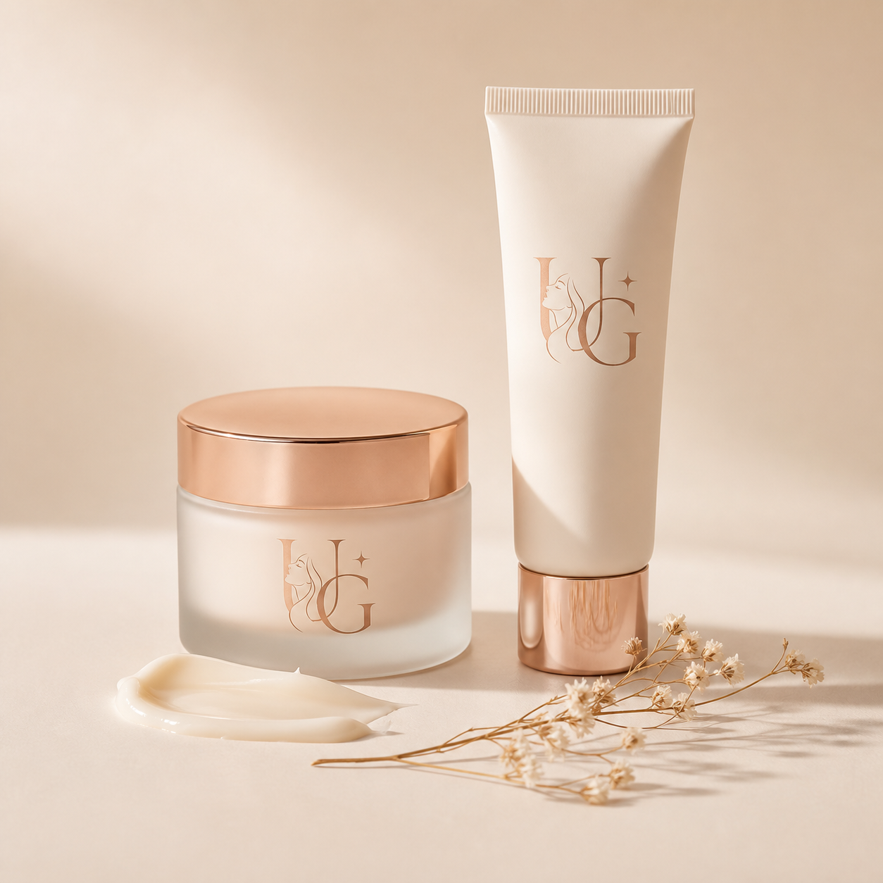 UNI GLOWS cream jar and skincare tube